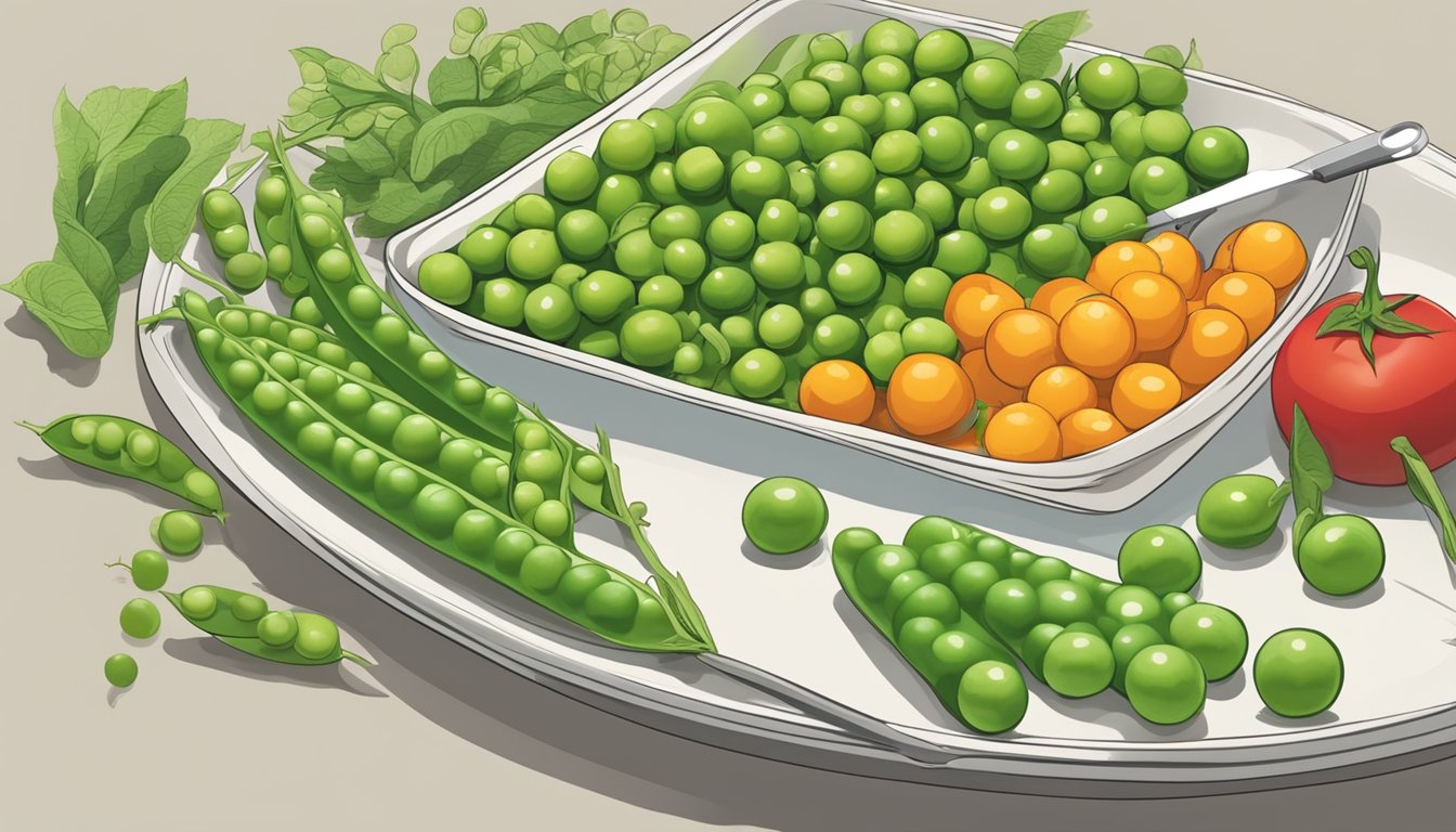 A colorful array of fresh peas arranged on a plate, surrounded by vibrant vegetables and a measuring tool to indicate their glycemic index