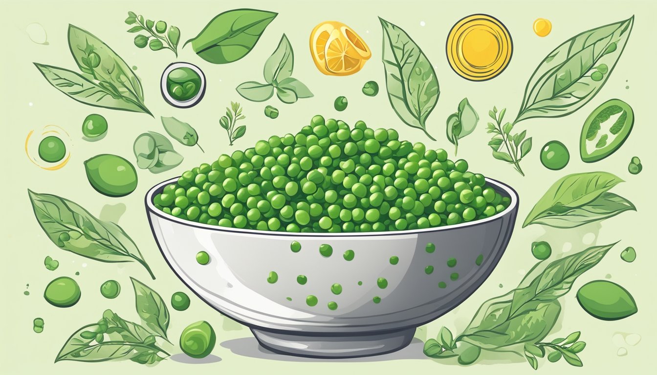 A bowl of fresh green peas surrounded by various holistic symbols and icons representing health and wellness