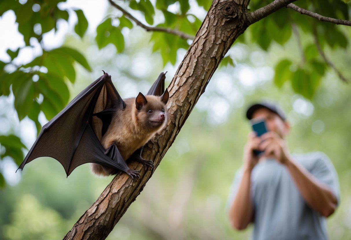 A bat perched on a tree branch, with a person observing from a safe distance, holding a phone to call animal control