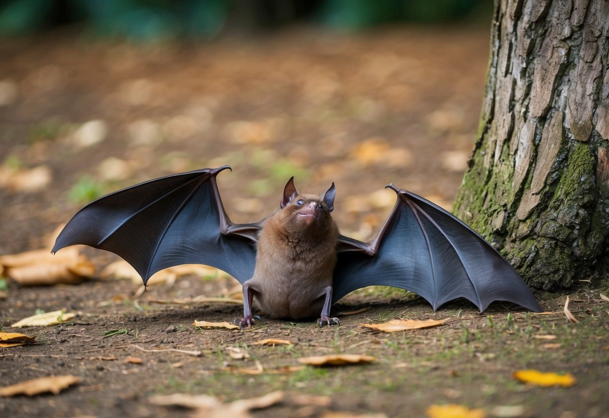 A bat lies on the ground near a tree, appearing injured or disoriented. Its wings are spread out as it struggles to stand up