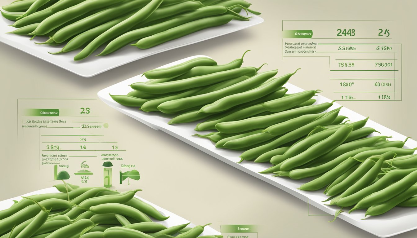 A variety of green beans arranged in a line, with a chart showing their respective glycemic index values displayed next to them