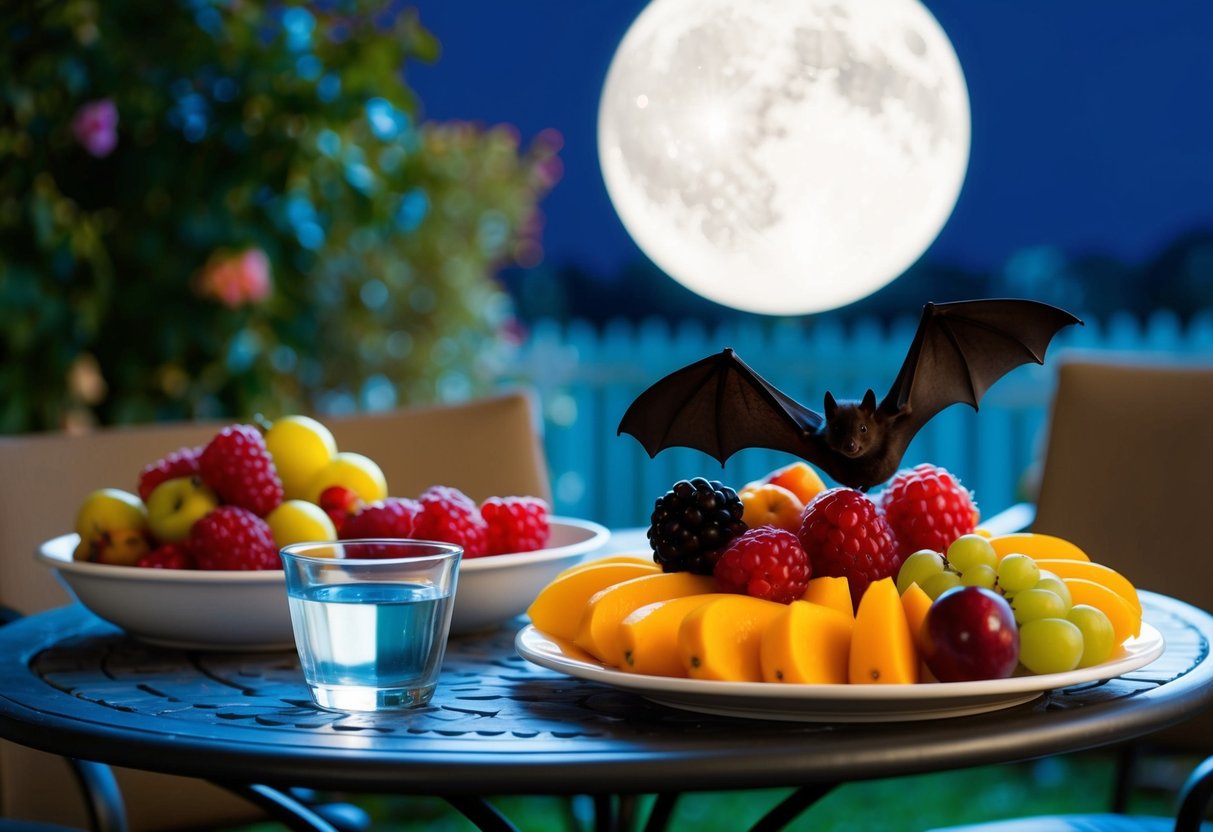 A bat-friendly feast of ripe, juicy fruits and a bowl of fresh water set out on a moonlit garden patio