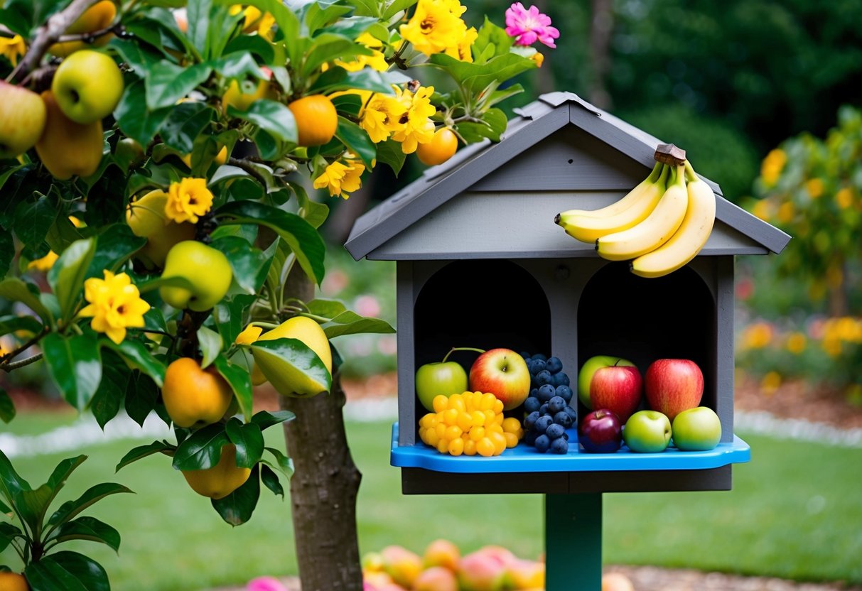 A garden with blooming flowers, fruit trees, and a bat house. A variety of fruits such as bananas, apples, and grapes placed on a feeding station for bats
