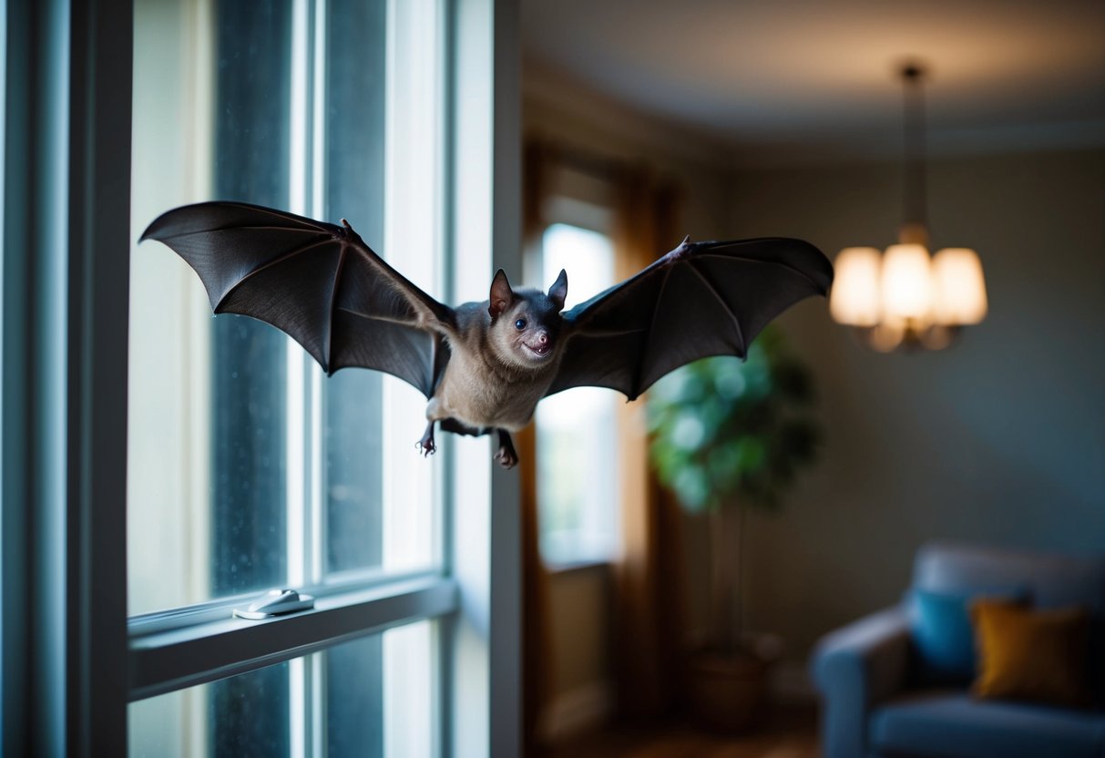 A bat flies through an open window into a dimly lit living room, its wings outstretched as it searches for a way out