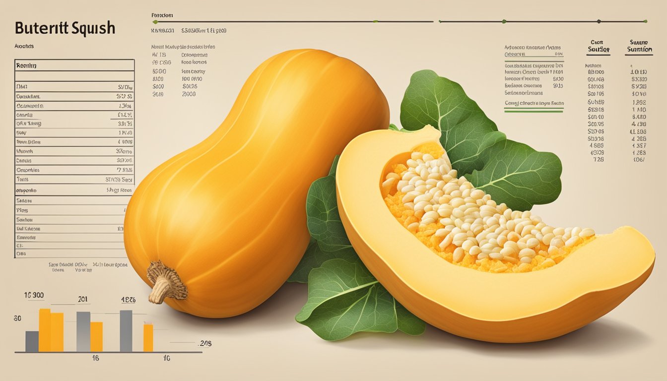 A butternut squash with a glycemic index chart and nutritional information displayed next to it