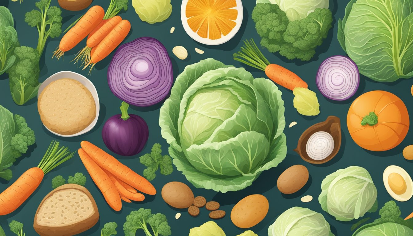 A head of cabbage surrounded by a variety of foods with different glycemic indexes, such as carrots, rice, and bread