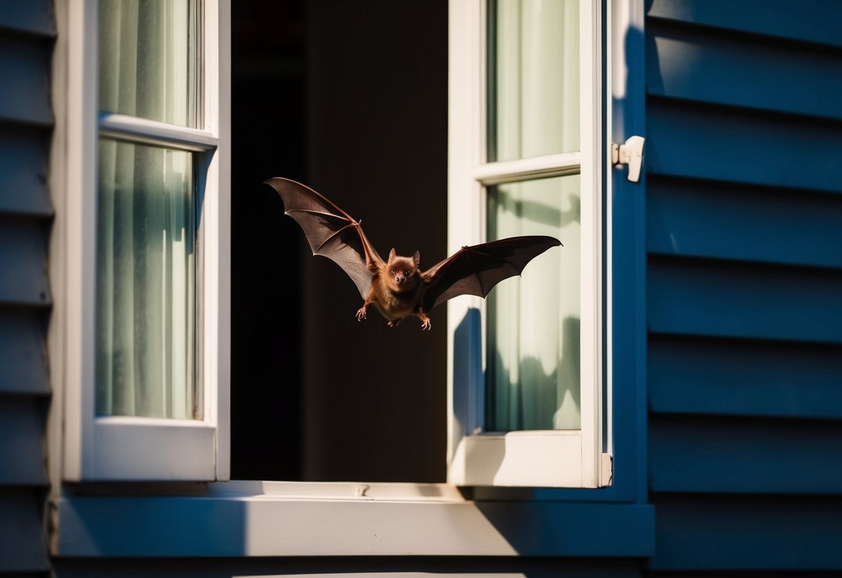A bat flies through an open window into a dimly lit house, casting a shadow on the wall