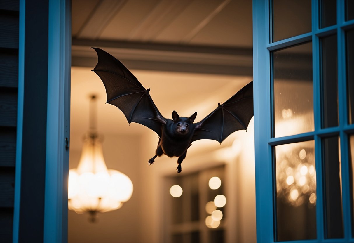 A bat flying through an open window into a dimly lit house