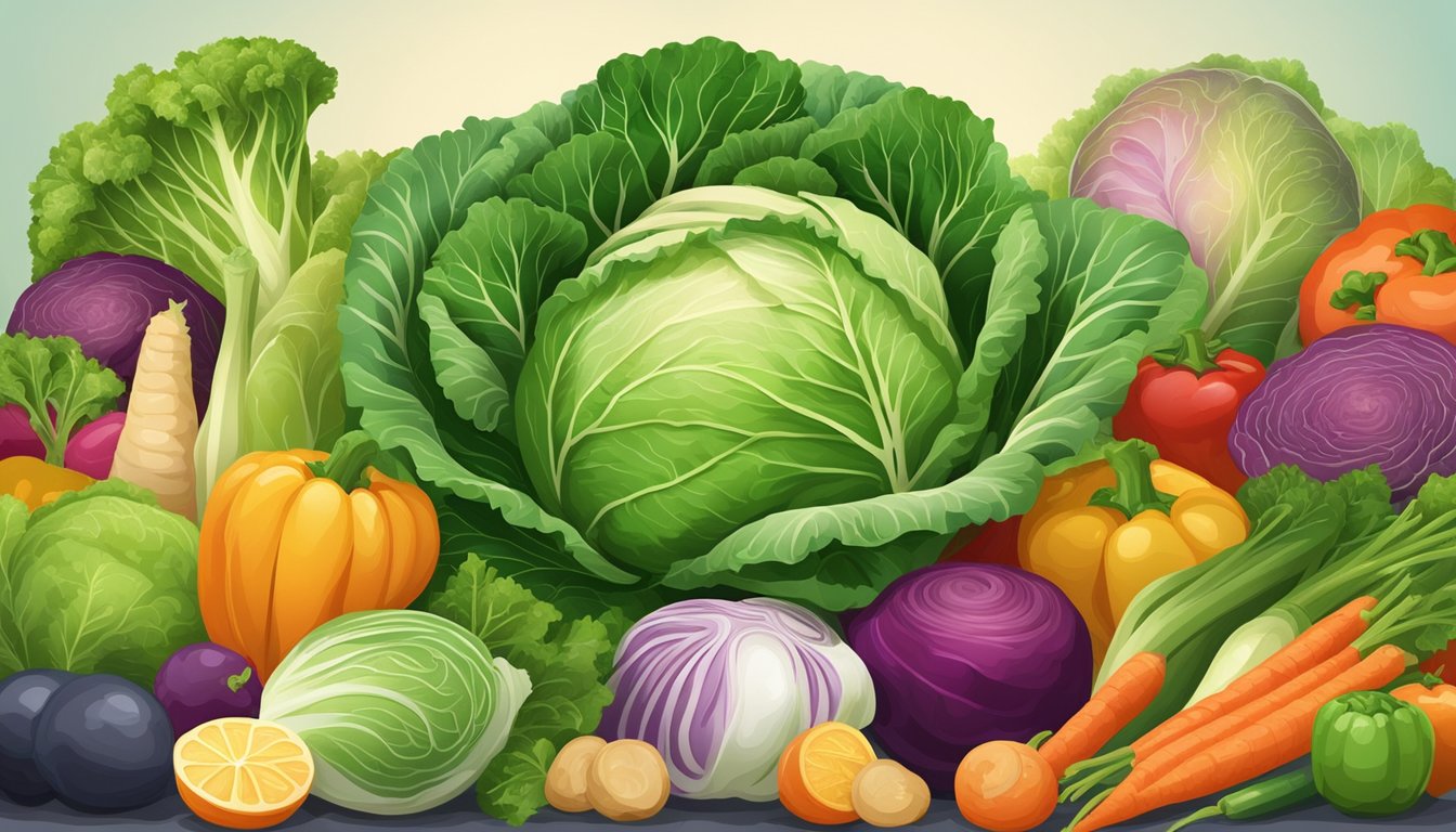 A head of cabbage surrounded by a variety of colorful vegetables and a nutrition label