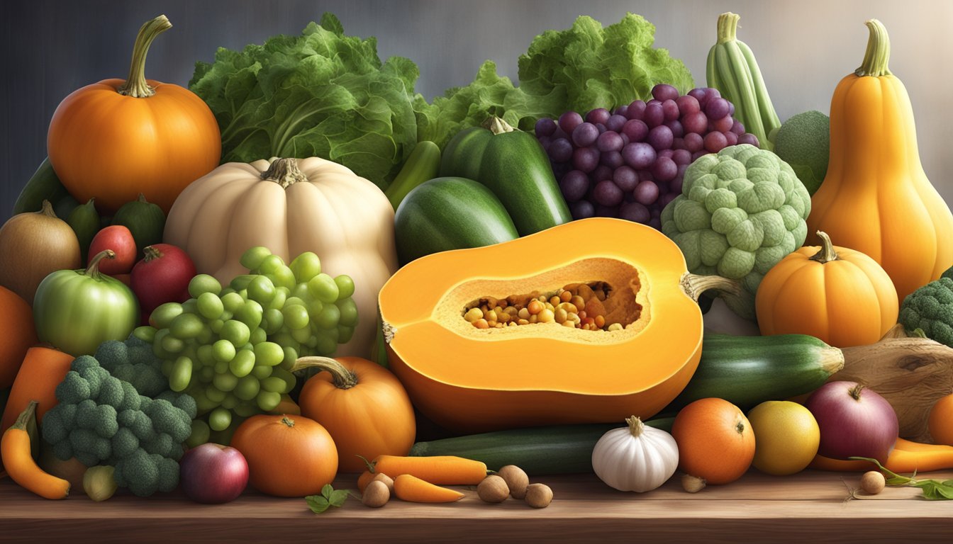 A butternut squash surrounded by various fruits and vegetables on a wooden table, with a glowing halo to symbolize its health benefits