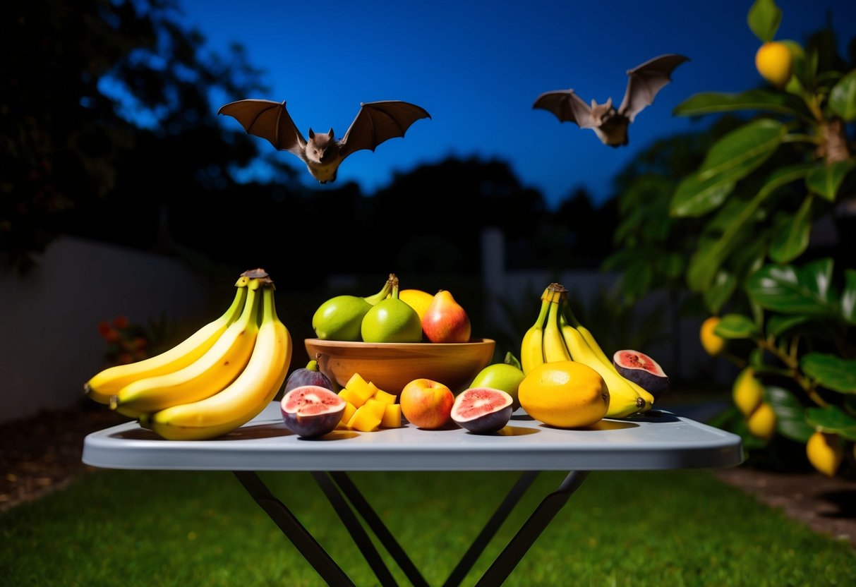 A garden at night, with a variety of fruits such as bananas, mangoes, and figs placed on a table for bats to feed on