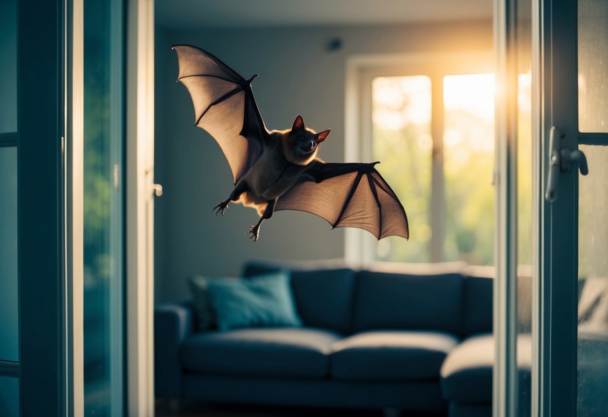 A bat flies through an open window into a dimly lit living room, causing concern for health and safety