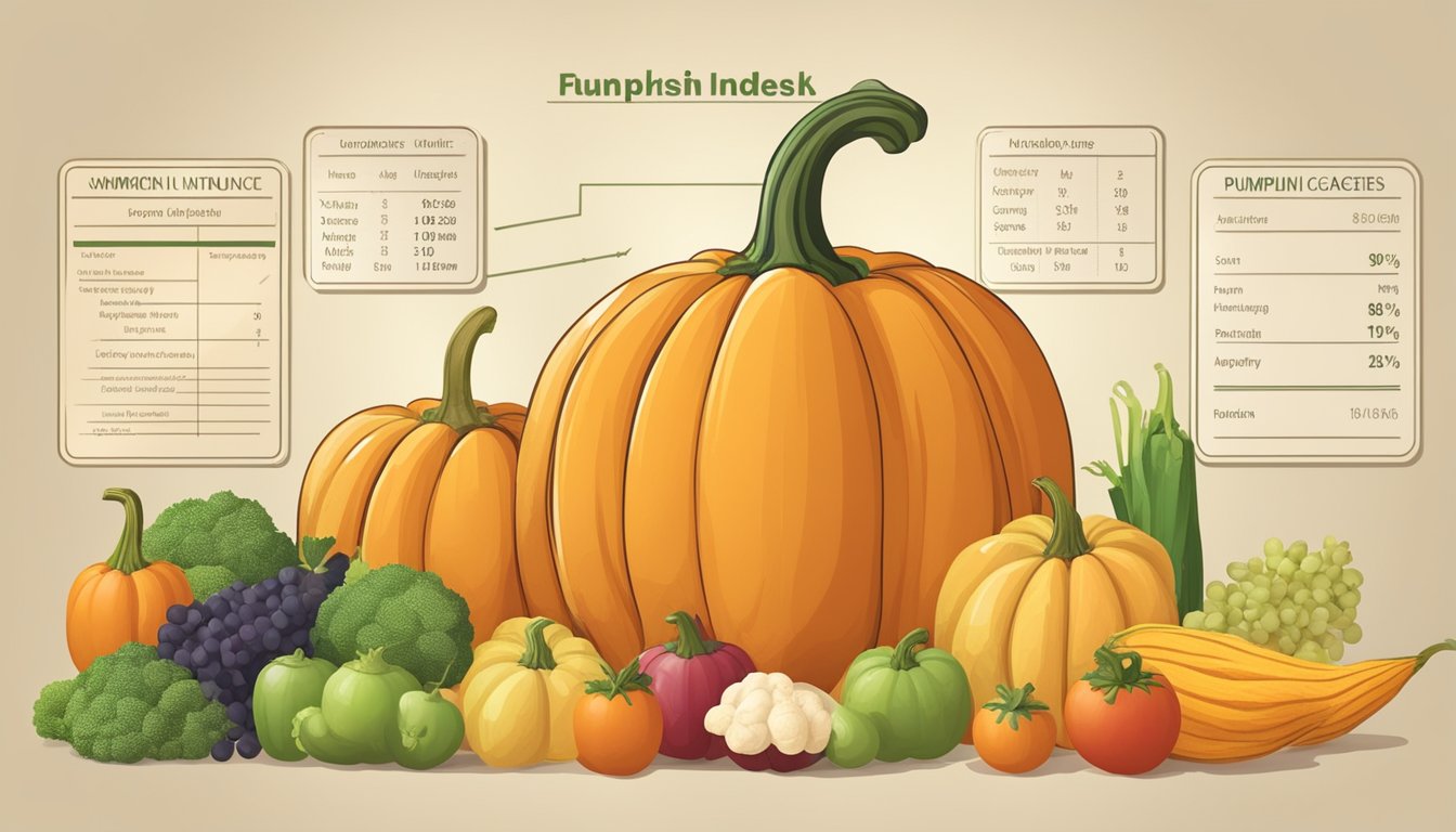 A pumpkin surrounded by various fruits and vegetables, with a nutrition label and a glycemic index chart displayed nearby