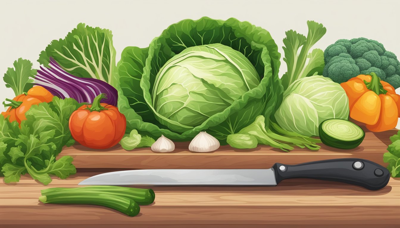 A head of cabbage surrounded by a variety of fresh vegetables on a wooden cutting board