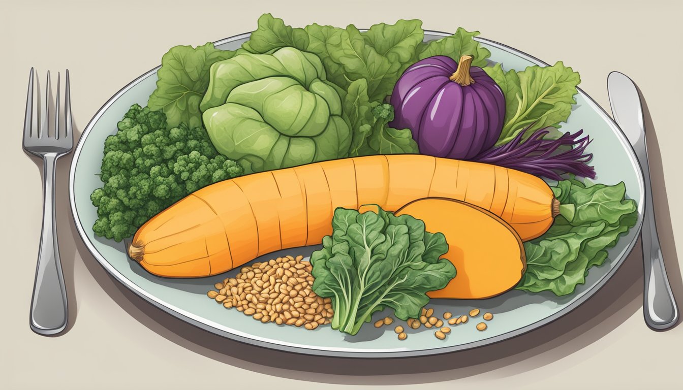 A colorful array of butternut squash, leafy greens, whole grains, and lean proteins on a plate, representing a balanced diet