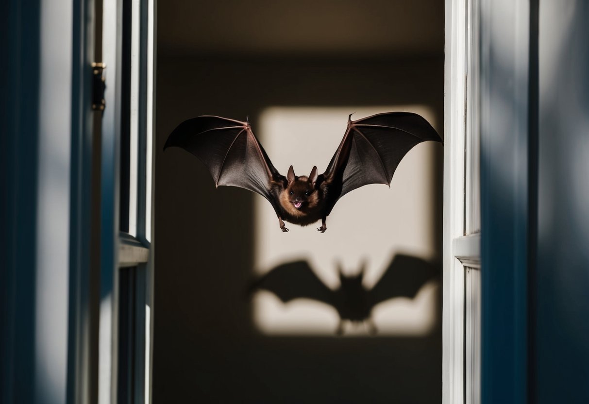 A bat flying through an open window into a dimly lit room, casting eerie shadows on the walls