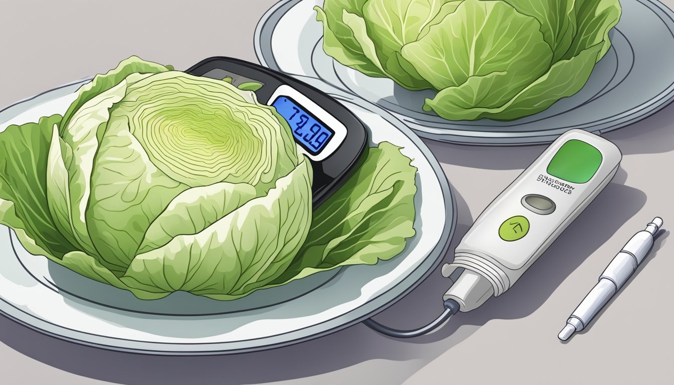 A plate of cabbage with a blood glucose meter next to it, showing a low glycemic response