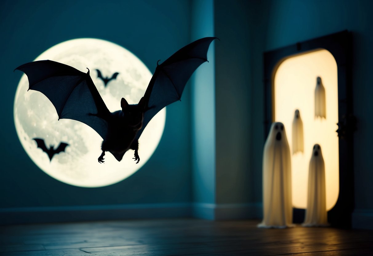 A bat hovers in a moonlit room, casting eerie shadows. A glowing portal beckons in the corner, while ghostly figures float in the air