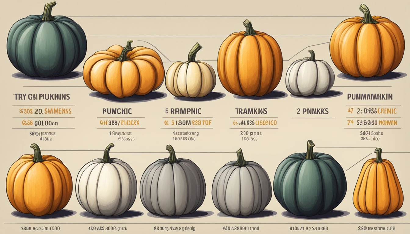 A variety of pumpkins displayed with their respective glycemic index values shown in a chart