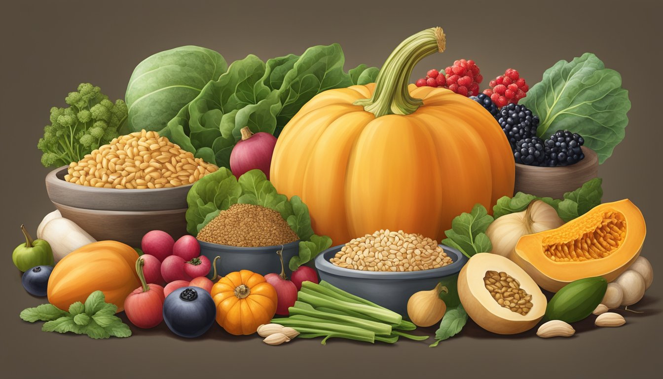 A butternut squash surrounded by a variety of foods with low glycemic index, such as leafy greens, berries, and whole grains