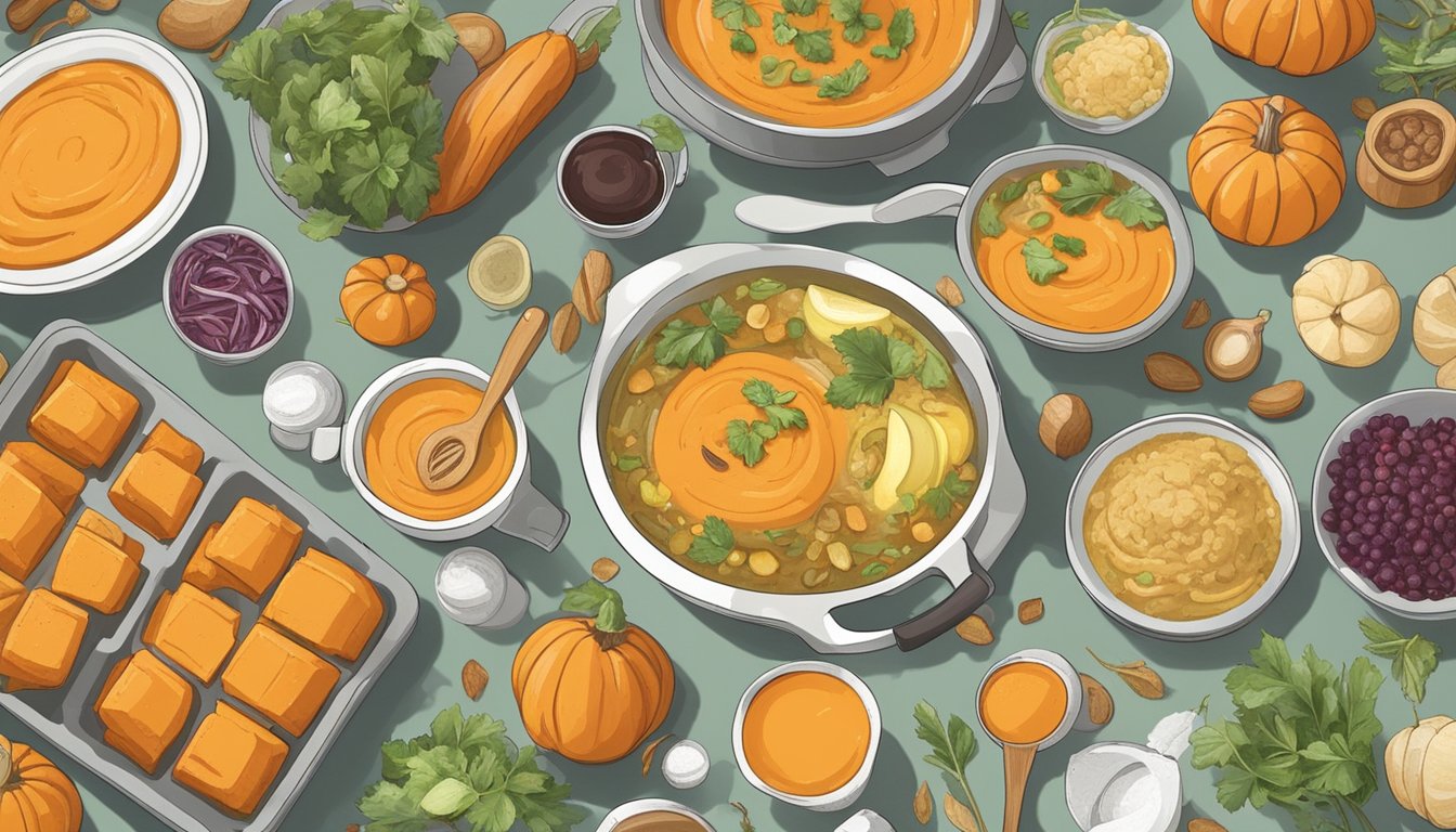 A person cooking and incorporating pumpkin into various dishes, such as soup, salad, and smoothie, with a variety of kitchen utensils and ingredients spread out on the counter