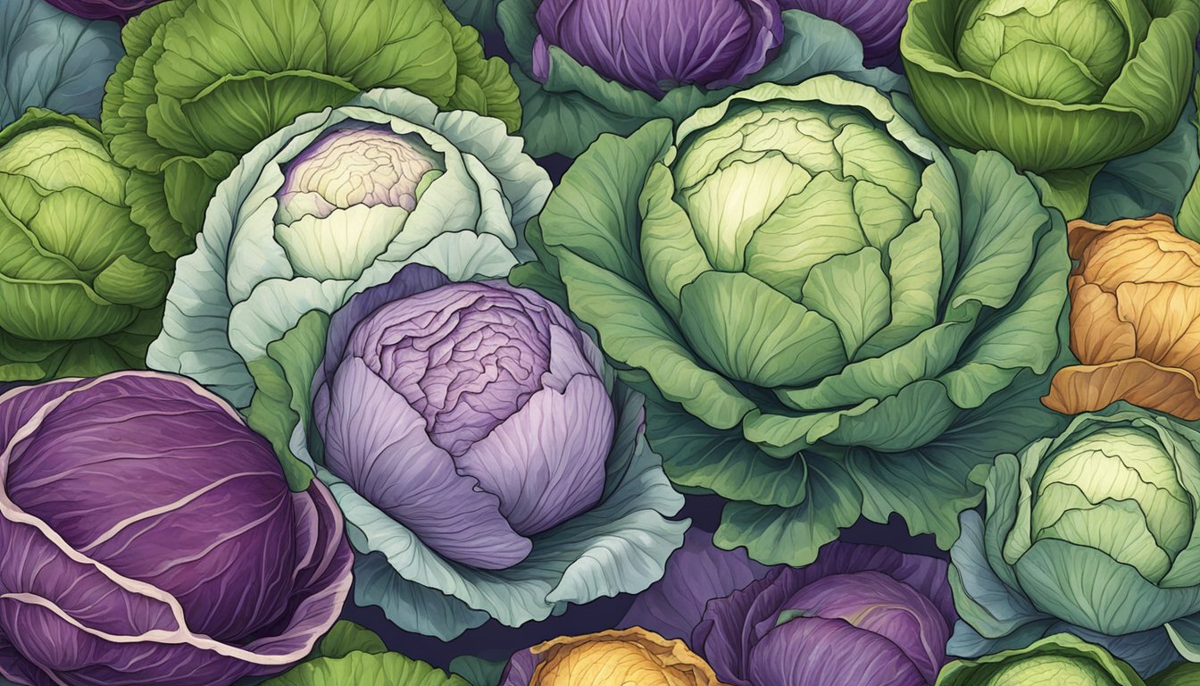 A variety of cabbage heads arranged with nutrient labels