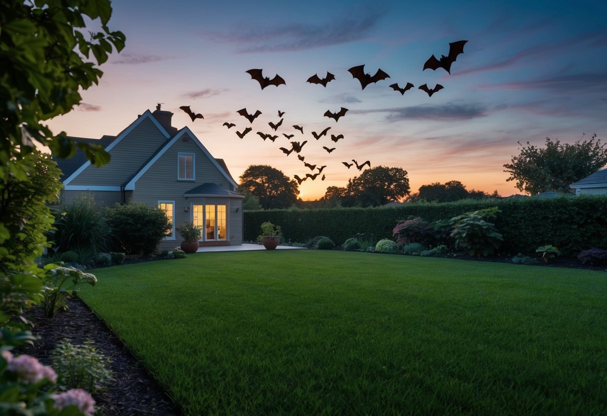 A garden at dusk, with a silhouette of a house and a group of bats flying away from it