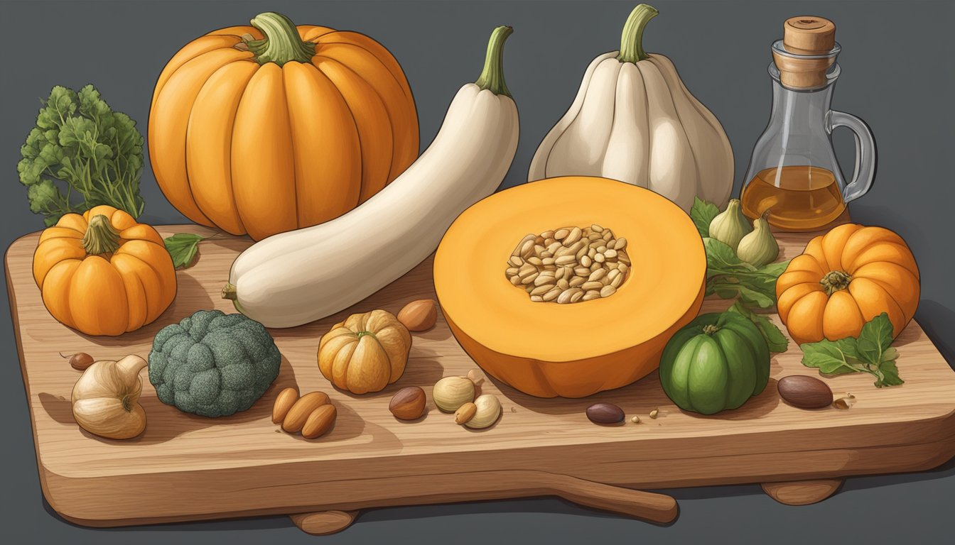 A butternut squash sitting on a wooden cutting board, surrounded by a variety of foods with different glycemic indexes