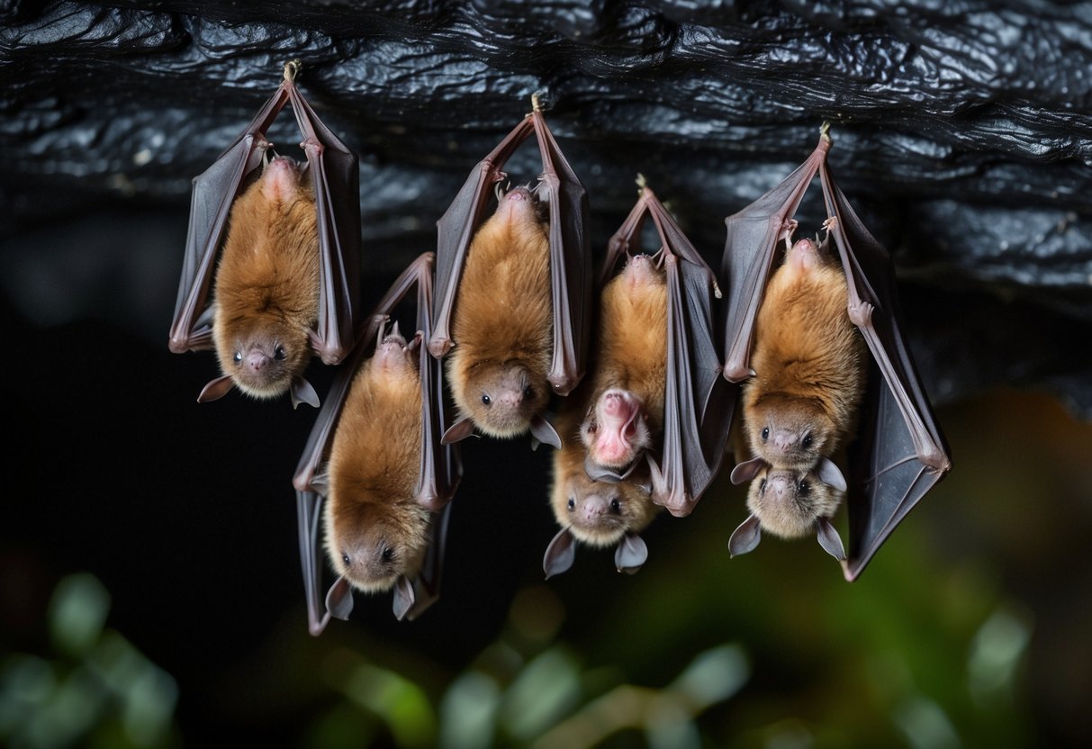 A group of bats roosting in a dark cave during the spring months, with several female bats nursing their young pups