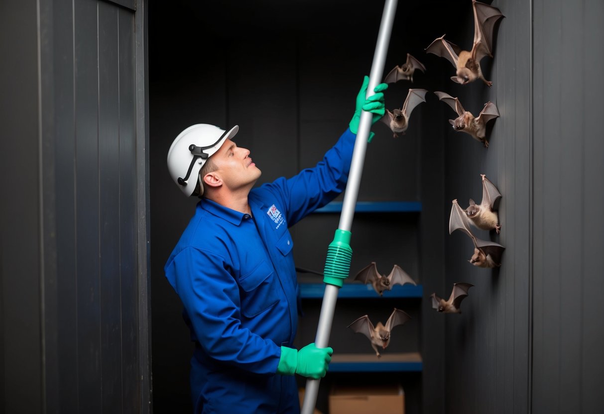 A professional in protective gear uses a long pole to remove bats from a dark, enclosed space