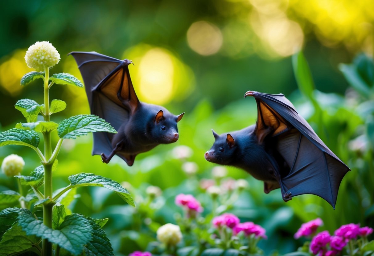 Bats avoid strong scents like garlic and peppermint. Illustrate a garden with these plants to show preventive measures against bats