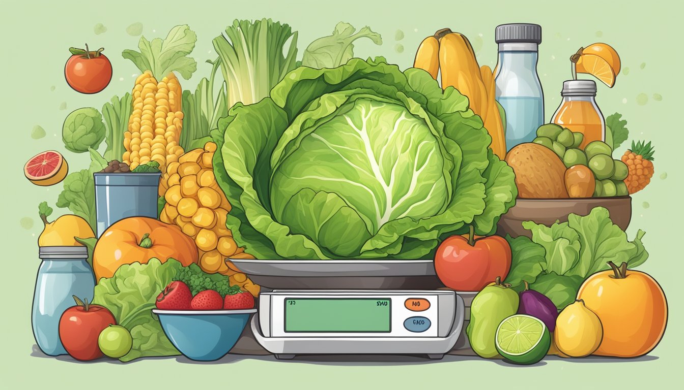 A head of lettuce surrounded by a variety of food items, including fruits, vegetables, and grains, with a glycemic index scale in the background