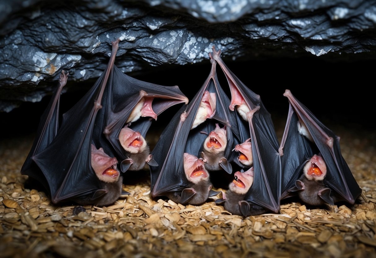 A group of bats giving birth and displaying maternal behavior in a dark cave during the summer months