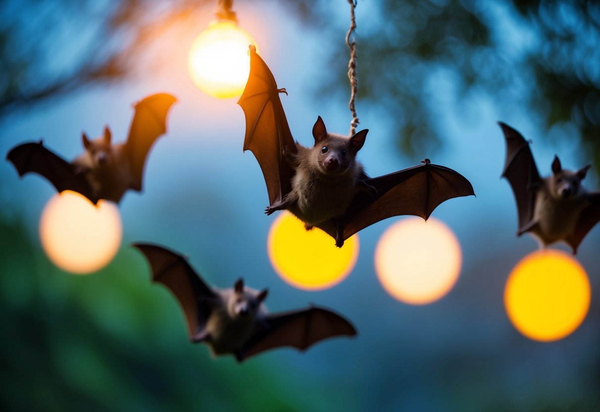 Bats dislike strong scents and bright lights. A scene with pungent odors and glaring lights to deter bats