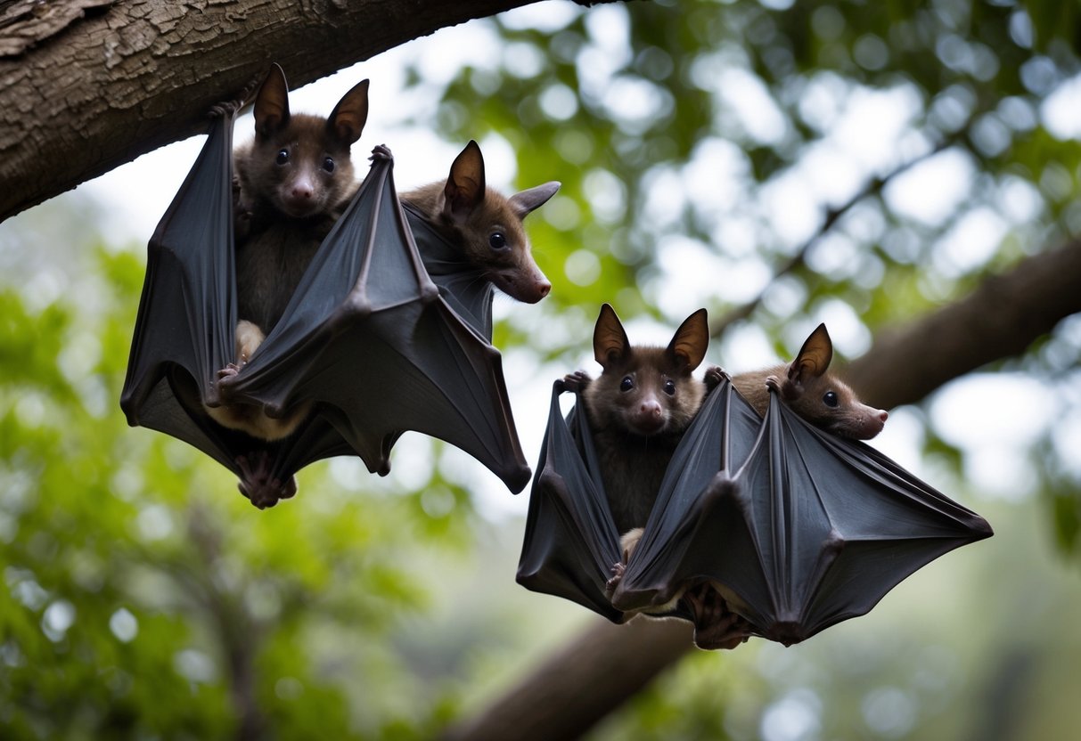 Bats give birth in late spring and early summer, typically in the months of May and June. A scene could depict a colony of bats roosting in a cave or tree during this time
