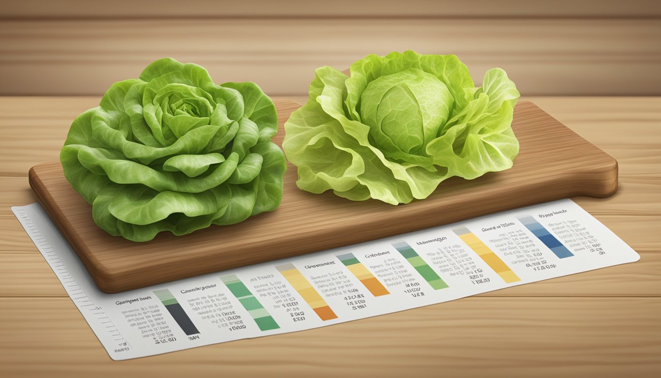 A variety of lettuce types arranged on a wooden cutting board, with a glycemic index chart in the background