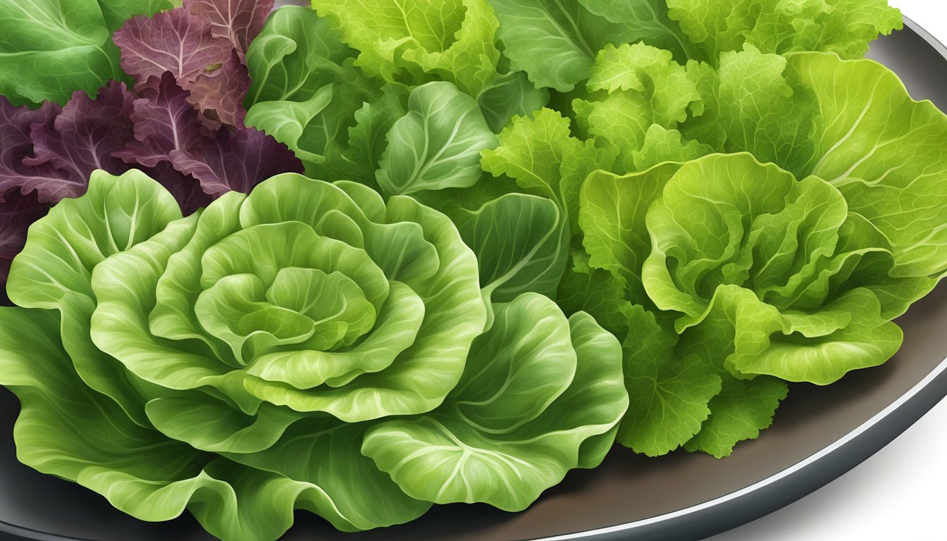 A plate with a variety of fresh lettuce leaves, with a focus on the texture and color of the leaves