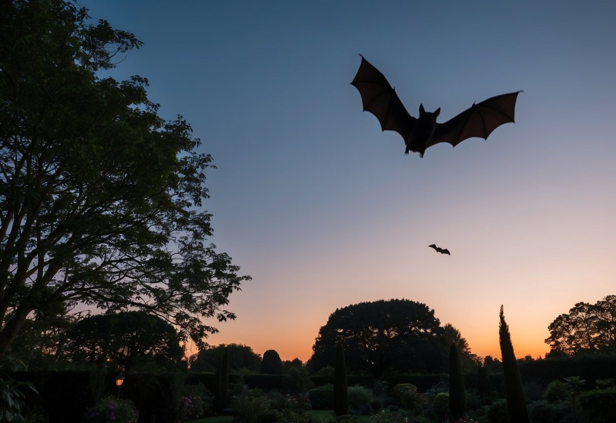 A garden at dusk, with silhouetted trees and a bat flying overhead