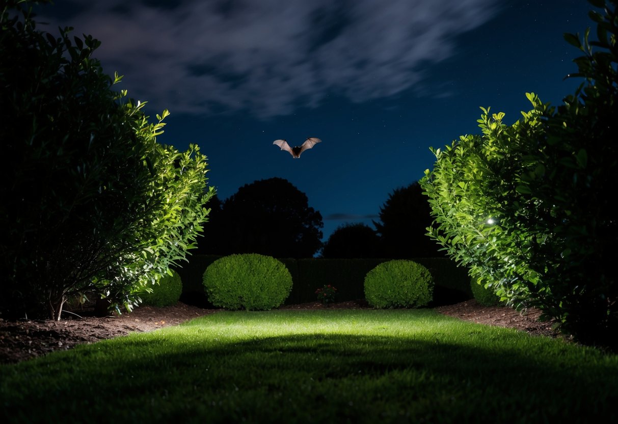 A garden at night with silhouetted trees and bushes. A bat flies overhead, casting a shadow on the ground