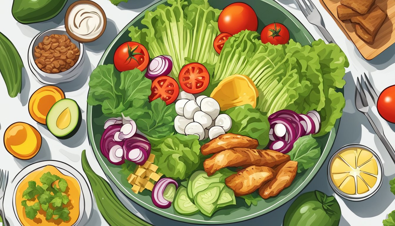 A colorful salad bowl with various lettuce types, surrounded by ingredients like tomatoes, cucumbers, and grilled chicken, representing incorporation of lettuce into meals