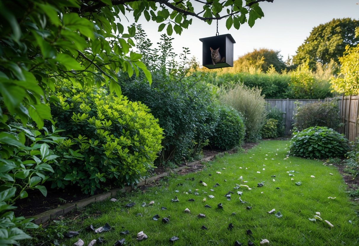 A garden with overgrown bushes and trees, a bat box hanging from a branch, and scattered droppings on the ground