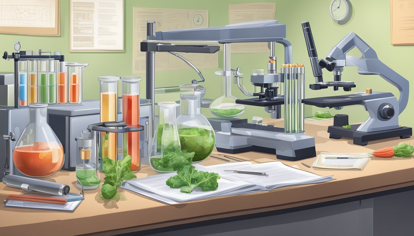 A laboratory setting with test tubes, microscopes, and scientific equipment, alongside governmental documents and resources related to radish glycemic index