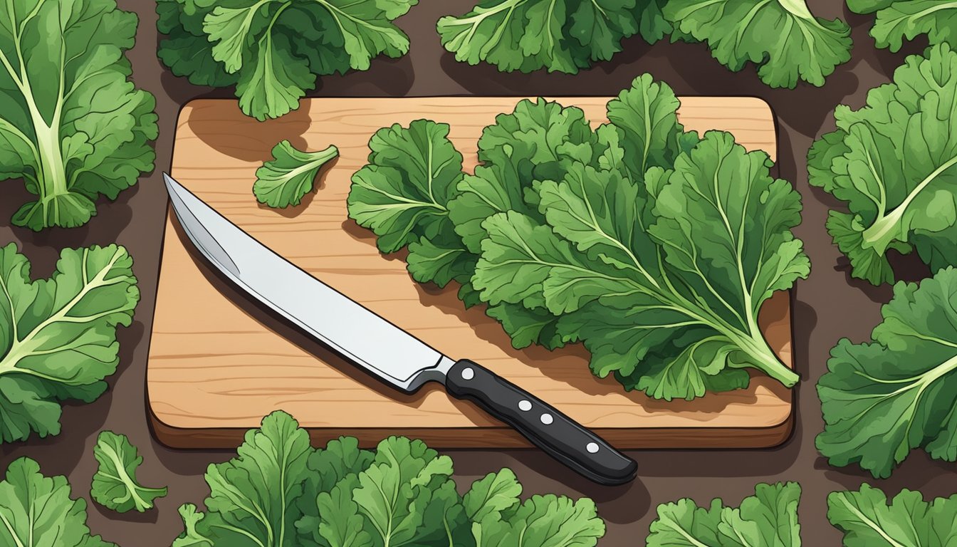 A bunch of fresh kale leaves arranged on a wooden cutting board, with a knife nearby for preparation