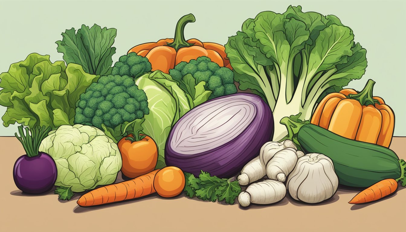 A variety of vegetables arranged on a table, with lettuce placed next to other vegetables. The focus is on the contrast between the different types of vegetables