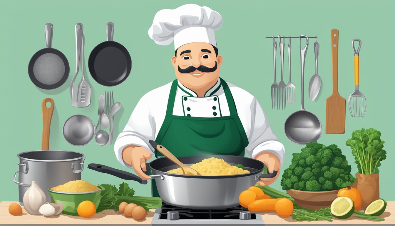 A chef sautés kale in a pan, surrounded by various cooking utensils and ingredients. A nutrition label with a low glycemic index is displayed next to the kale