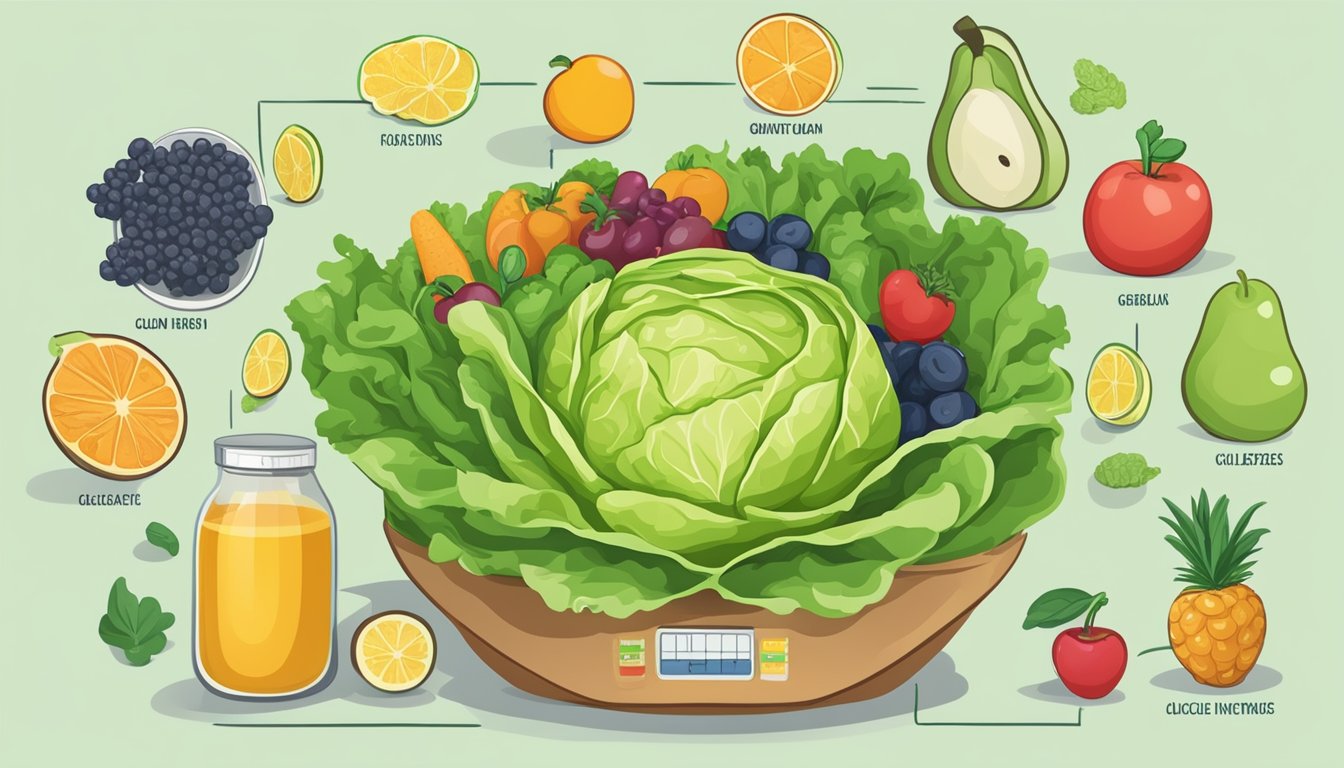 A head of lettuce surrounded by various foods with different glycemic indexes, such as fruits, vegetables, and grains, with a scale and a nutrition label in the background