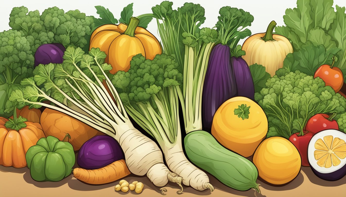 A parsnip surrounded by a variety of fruits and vegetables, with a focus on its nutritional content and glycemic index