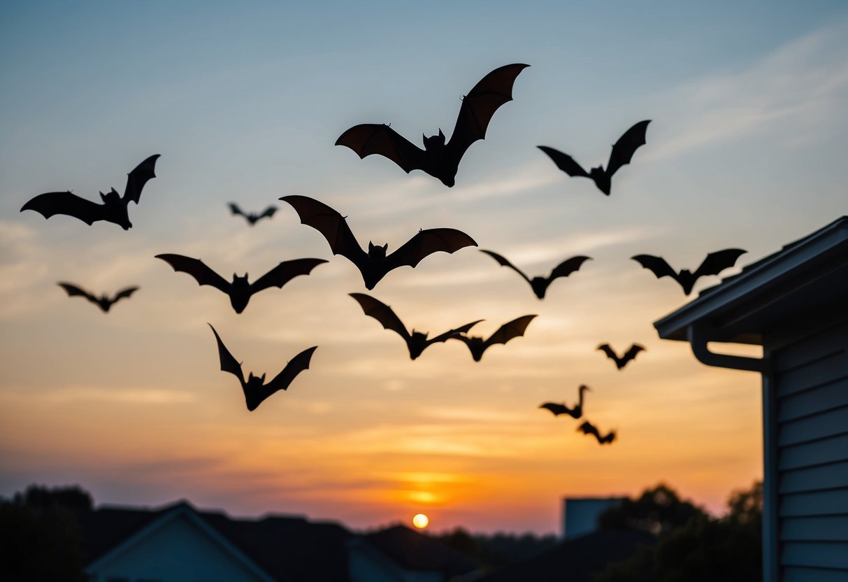 Bats fly around a house at dusk, silhouetted against the setting sun