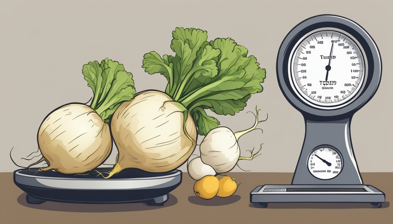 A turnip placed next to a scale indicating its glycemic index value