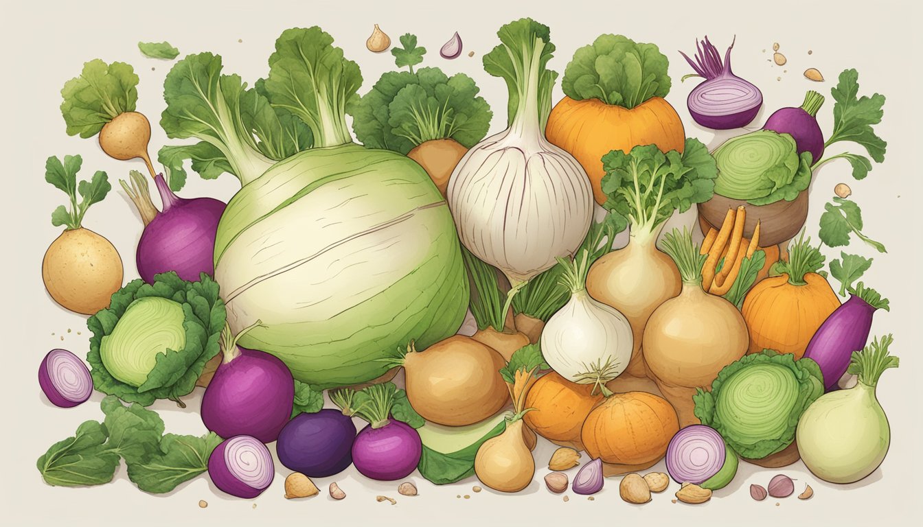 A turnip surrounded by various foods with their respective glycemic index values displayed